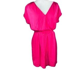 ZARA Basic mini dress v-neck gathered lined beaded drawstring fuchsia size XS